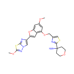 COc1cc(OCc2csc(C3(N)CCOCC3)n2)c2cc(-c3cn4nc(OC)sc4n3)oc2c1 ZINC000223007611