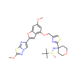 COc1cc(OCc2csc(C3(N[S@+]([O-])C(C)(C)C)CCOCC3)n2)c2cc(-c3cn4nc(OC)sc4n3)oc2c1 ZINC000223011499
