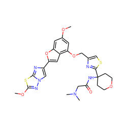 COc1cc(OCc2csc(C3(NC(=O)CN(C)C)CCOCC3)n2)c2cc(-c3cn4nc(OC)sc4n3)oc2c1 ZINC000223010619