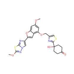 COc1cc(OCc2csc(C3(O)CCC(=O)CC3)n2)c2cc(-c3cn4nc(OC)sc4n3)oc2c1 ZINC000205743864