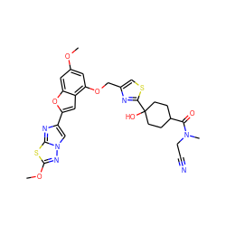 COc1cc(OCc2csc(C3(O)CCC(C(=O)N(C)CC#N)CC3)n2)c2cc(-c3cn4nc(OC)sc4n3)oc2c1 ZINC000205756146