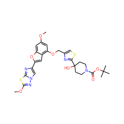 COc1cc(OCc2csc(C3(O)CCN(C(=O)OC(C)(C)C)CC3)n2)c2cc(-c3cn4nc(OC)sc4n3)oc2c1 ZINC000143299862