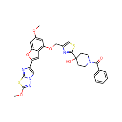 COc1cc(OCc2csc(C3(O)CCN(C(=O)c4ccccc4)CC3)n2)c2cc(-c3cn4nc(OC)sc4n3)oc2c1 ZINC000143328489