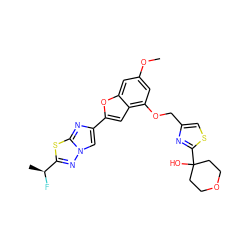 COc1cc(OCc2csc(C3(O)CCOCC3)n2)c2cc(-c3cn4nc([C@H](C)F)sc4n3)oc2c1 ZINC000143371324