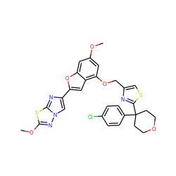 COc1cc(OCc2csc(C3(c4ccc(Cl)cc4)CCOCC3)n2)c2cc(-c3cn4nc(OC)sc4n3)oc2c1 ZINC000205763055