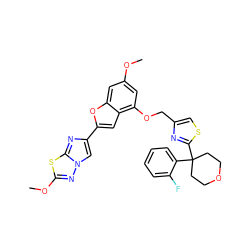 COc1cc(OCc2csc(C3(c4ccccc4F)CCOCC3)n2)c2cc(-c3cn4nc(OC)sc4n3)oc2c1 ZINC000205763109