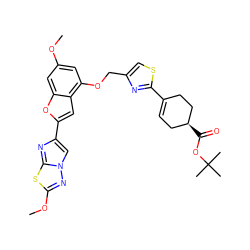 COc1cc(OCc2csc(C3=CC[C@H](C(=O)OC(C)(C)C)CC3)n2)c2cc(-c3cn4nc(OC)sc4n3)oc2c1 ZINC000205749800