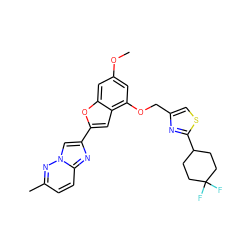 COc1cc(OCc2csc(C3CCC(F)(F)CC3)n2)c2cc(-c3cn4nc(C)ccc4n3)oc2c1 ZINC000653662284