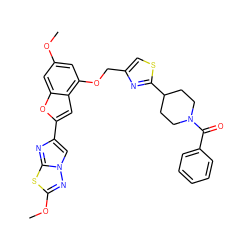 COc1cc(OCc2csc(C3CCN(C(=O)c4ccccc4)CC3)n2)c2cc(-c3cn4nc(OC)sc4n3)oc2c1 ZINC000143347548