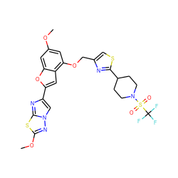 COc1cc(OCc2csc(C3CCN(S(=O)(=O)C(F)(F)F)CC3)n2)c2cc(-c3cn4nc(OC)sc4n3)oc2c1 ZINC000205721987