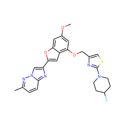 COc1cc(OCc2csc(N3CCC(F)CC3)n2)c2cc(-c3cn4nc(C)ccc4n3)oc2c1 ZINC000653666587