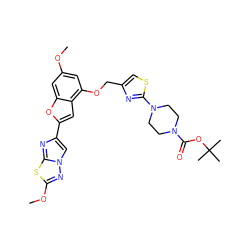 COc1cc(OCc2csc(N3CCN(C(=O)OC(C)(C)C)CC3)n2)c2cc(-c3cn4nc(OC)sc4n3)oc2c1 ZINC000143303897