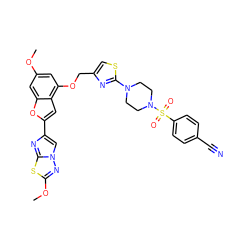 COc1cc(OCc2csc(N3CCN(S(=O)(=O)c4ccc(C#N)cc4)CC3)n2)c2cc(-c3cn4nc(OC)sc4n3)oc2c1 ZINC000205701912