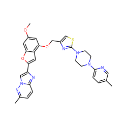 COc1cc(OCc2csc(N3CCN(c4ccc(C)cn4)CC3)n2)c2cc(-c3cn4nc(C)ccc4n3)oc2c1 ZINC000653663528