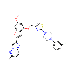 COc1cc(OCc2csc(N3CCN(c4cccc(Cl)c4)CC3)n2)c2cc(-c3cn4nc(C)ccc4n3)oc2c1 ZINC000653665245