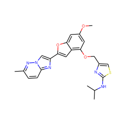 COc1cc(OCc2csc(NC(C)C)n2)c2cc(-c3cn4nc(C)ccc4n3)oc2c1 ZINC000653679180