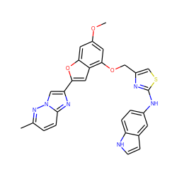 COc1cc(OCc2csc(Nc3ccc4[nH]ccc4c3)n2)c2cc(-c3cn4nc(C)ccc4n3)oc2c1 ZINC000653672736