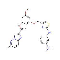 COc1cc(OCc2csc(Nc3cccc(N(C)C)c3)n2)c2cc(-c3cn4nc(C)ccc4n3)oc2c1 ZINC000653682128