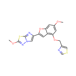 COc1cc(OCc2cscn2)c2cc(-c3cn4nc(OC)sc4n3)oc2c1 ZINC000143146262