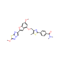 COc1cc(OCc2nc(-c3ccc(C(=O)N(C)C)cc3)sc2C)c2cc(-c3cn4nc(OC)sc4n3)oc2c1 ZINC000653681814