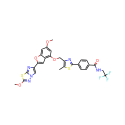 COc1cc(OCc2nc(-c3ccc(C(=O)NCC(F)(F)F)cc3)sc2C)c2cc(-c3cn4nc(OC)sc4n3)oc2c1 ZINC000205676760