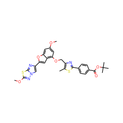 COc1cc(OCc2nc(-c3ccc(C(=O)OC(C)(C)C)cc3)sc2C)c2cc(-c3cn4nc(OC)sc4n3)oc2c1 ZINC000143243807