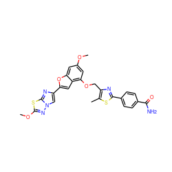 COc1cc(OCc2nc(-c3ccc(C(N)=O)cc3)sc2C)c2cc(-c3cn4nc(OC)sc4n3)oc2c1 ZINC000653681813