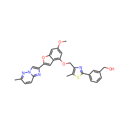 COc1cc(OCc2nc(-c3cccc(CO)c3)sc2C)c2cc(-c3cn4nc(C)ccc4n3)oc2c1 ZINC000653666156