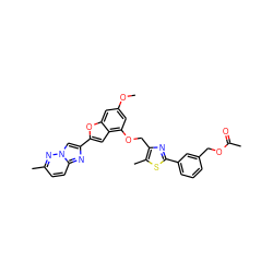 COc1cc(OCc2nc(-c3cccc(COC(C)=O)c3)sc2C)c2cc(-c3cn4nc(C)ccc4n3)oc2c1 ZINC000653666170