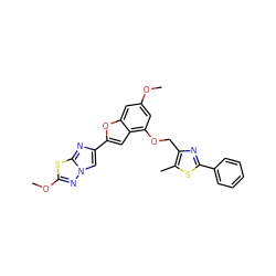 COc1cc(OCc2nc(-c3ccccc3)sc2C)c2cc(-c3cn4nc(OC)sc4n3)oc2c1 ZINC000143131463