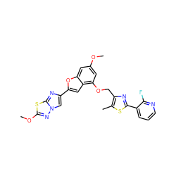 COc1cc(OCc2nc(-c3cccnc3F)sc2C)c2cc(-c3cn4nc(OC)sc4n3)oc2c1 ZINC000653675505