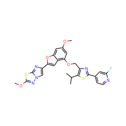 COc1cc(OCc2nc(-c3ccnc(F)c3)sc2C(C)C)c2cc(-c3cn4nc(OC)sc4n3)oc2c1 ZINC000205670187