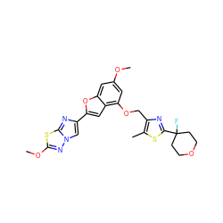 COc1cc(OCc2nc(C3(F)CCOCC3)sc2C)c2cc(-c3cn4nc(OC)sc4n3)oc2c1 ZINC000205737332