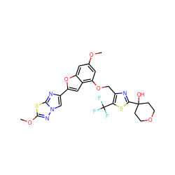 COc1cc(OCc2nc(C3(O)CCOCC3)sc2C(F)(F)F)c2cc(-c3cn4nc(OC)sc4n3)oc2c1 ZINC000205743890