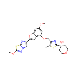 COc1cc(OCc2nc(C3(O)CCOCC3)sc2C)c2cc(-c3cn4nc(OC)sc4n3)oc2c1 ZINC000205737306