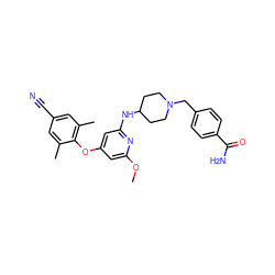 COc1cc(Oc2c(C)cc(C#N)cc2C)cc(NC2CCN(Cc3ccc(C(N)=O)cc3)CC2)n1 ZINC001772611626