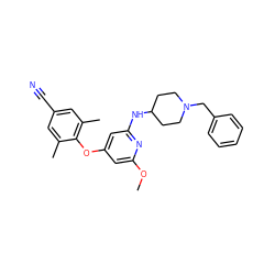 COc1cc(Oc2c(C)cc(C#N)cc2C)cc(NC2CCN(Cc3ccccc3)CC2)n1 ZINC001772642463