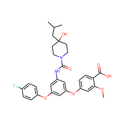 COc1cc(Oc2cc(NC(=O)N3CCC(O)(CC(C)C)CC3)cc(Oc3ccc(F)cc3)c2)ccc1C(=O)O ZINC000224432021