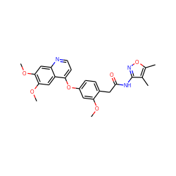 COc1cc(Oc2ccnc3cc(OC)c(OC)cc23)ccc1CC(=O)Nc1noc(C)c1C ZINC000084634878