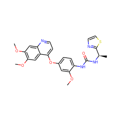 COc1cc(Oc2ccnc3cc(OC)c(OC)cc23)ccc1NC(=O)N[C@H](C)c1nccs1 ZINC000003819294