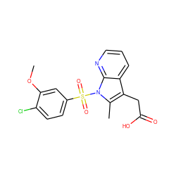 COc1cc(S(=O)(=O)n2c(C)c(CC(=O)O)c3cccnc32)ccc1Cl ZINC000117590389