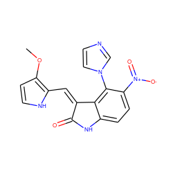 COc1cc[nH]c1/C=C1\C(=O)Nc2ccc([N+](=O)[O-])c(-n3ccnc3)c21 ZINC000012354967