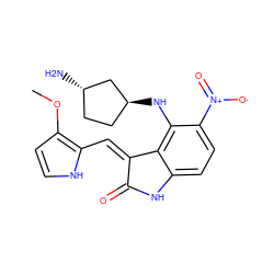 COc1cc[nH]c1/C=C1\C(=O)Nc2ccc([N+](=O)[O-])c(N[C@H]3CC[C@H](N)C3)c21 ZINC000013478416