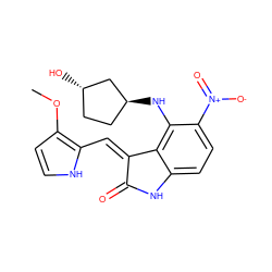 COc1cc[nH]c1/C=C1\C(=O)Nc2ccc([N+](=O)[O-])c(N[C@H]3CC[C@H](O)C3)c21 ZINC000013478415