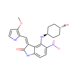 COc1cc[nH]c1/C=C1\C(=O)Nc2ccc([N+](=O)[O-])c(N[C@H]3CC[C@H](O)CC3)c21 ZINC000254136805