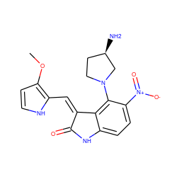 COc1cc[nH]c1/C=C1\C(=O)Nc2ccc([N+](=O)[O-])c(N3CC[C@@H](N)C3)c21 ZINC000013478417