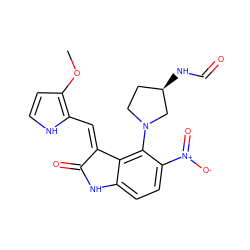 COc1cc[nH]c1/C=C1\C(=O)Nc2ccc([N+](=O)[O-])c(N3CC[C@@H](NC=O)C3)c21 ZINC000013478418