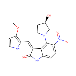 COc1cc[nH]c1/C=C1\C(=O)Nc2ccc([N+](=O)[O-])c(N3CC[C@@H](O)C3)c21 ZINC000013478400