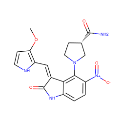 COc1cc[nH]c1/C=C1\C(=O)Nc2ccc([N+](=O)[O-])c(N3CC[C@H](C(N)=O)C3)c21 ZINC000013478398