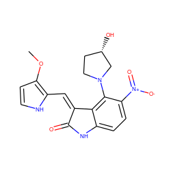 COc1cc[nH]c1/C=C1\C(=O)Nc2ccc([N+](=O)[O-])c(N3CC[C@H](O)C3)c21 ZINC000013478402